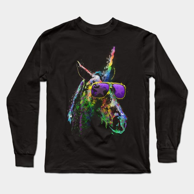 Neon Rainbow Unicorn 80s Vintage-Inspired Graphic Shirt Long Sleeve T-Shirt by Get Hopped Apparel